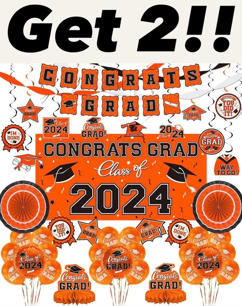 (2 Sets) Orange 2024 Graduation Decorations – Congrats Grad Banner & Party Sup..