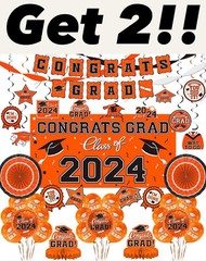 (2 Sets) Orange 2024 Graduation Decorations – Congrats Grad Banner & Party Sup..