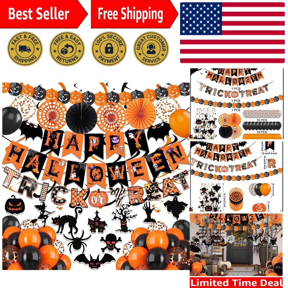 Happy Halloween Banner Kit with Eco-Friendly Paper Fans & Balloons for Parties