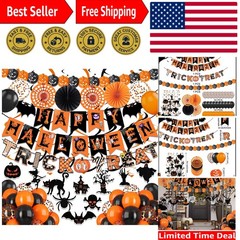 Happy Halloween Banner Kit with Eco-Friendly Paper Fans & Balloons for Parties
