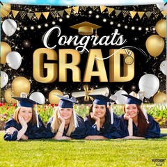 Graduation Decorations 2026 Black and Gold Congrats Grad Banner 72×44 Inch