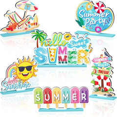 Hello Summer Decoration Ice Cream Sunshine Palm Tree Wooden Signs Indoor 6 Pcs
