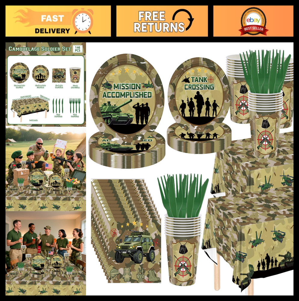 146Pcs Army Camo Birthday Party Supplies – Plates, Napkins, Cups, Cutlery & Tabl