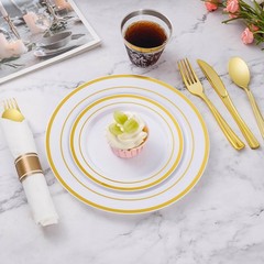 Goodluck 175 Piece Gold Plastic Dinnerware Set for 25 Guests, Fancy Disposabl…