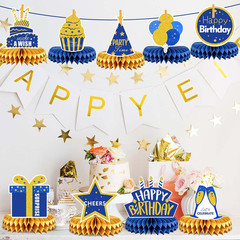 9 Pieces Blue and Gold Birthday Table Decorations, Happy Birthday Honeycomb Cent