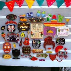 Fiesta Photo Booth Props – 41-pc Photobooth Kit with 8 x 10-Inch Sign, 60 Adh…