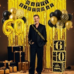 60th Birthday Decorations for Men Women, 50pcs Black and Gold Party Decoratio.