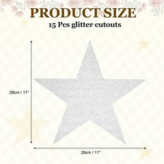 15 Pcs 11 Inch Double Printed Glitter Star Cutouts, Silver White