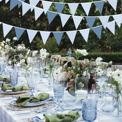 32Ft Dusty Blue Party Decorations Blue Gingham Triangle Banner Flag Pennant F…