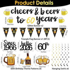 Black Gold 60Th Birthday Decorations for Him Men, Happy 60Th Birthday Supplies C