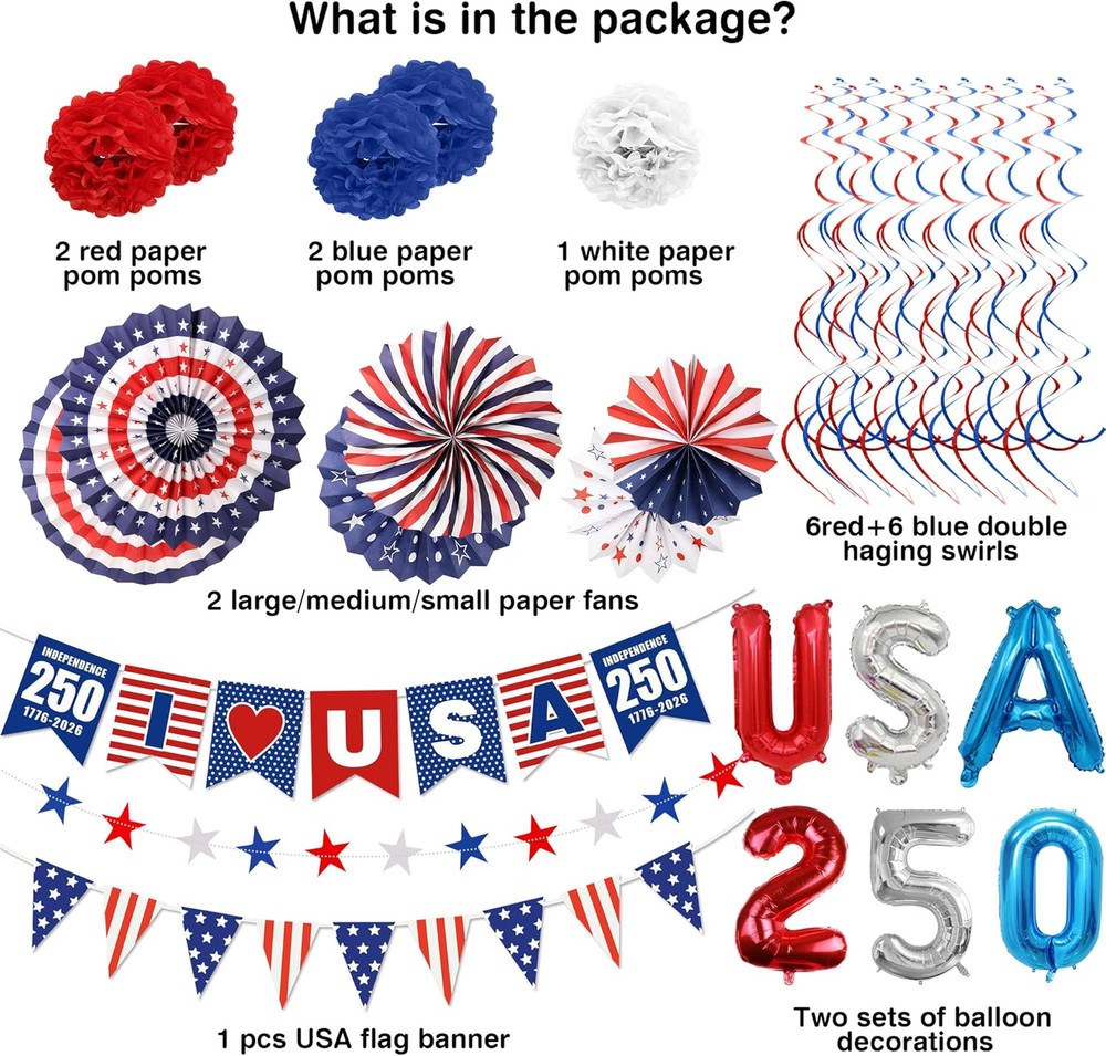 32PCS 4th of July Patriotic Decorations Set,250th Red White Blue Paper Fans D…