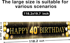 Black & Gold 40Th Birthday Banner Decorations – Extra Large 118″X20″ Reusable Ya