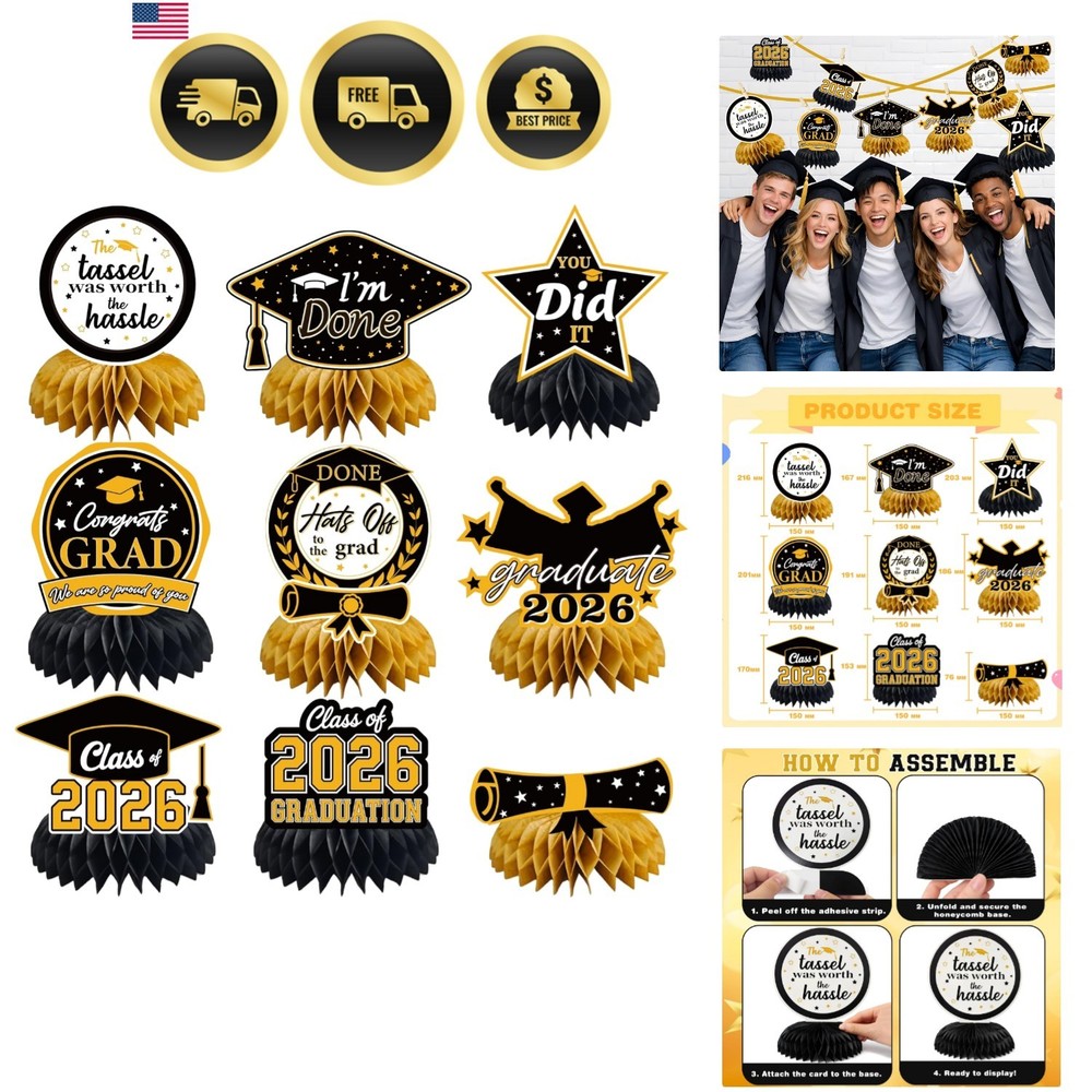 Graduation Decorations 2026 – Black Gold Graduation Honeycomb for Table Cente…