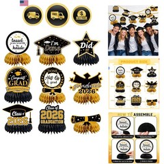 Graduation Decorations 2026 – Black Gold Graduation Honeycomb for Table Cente…
