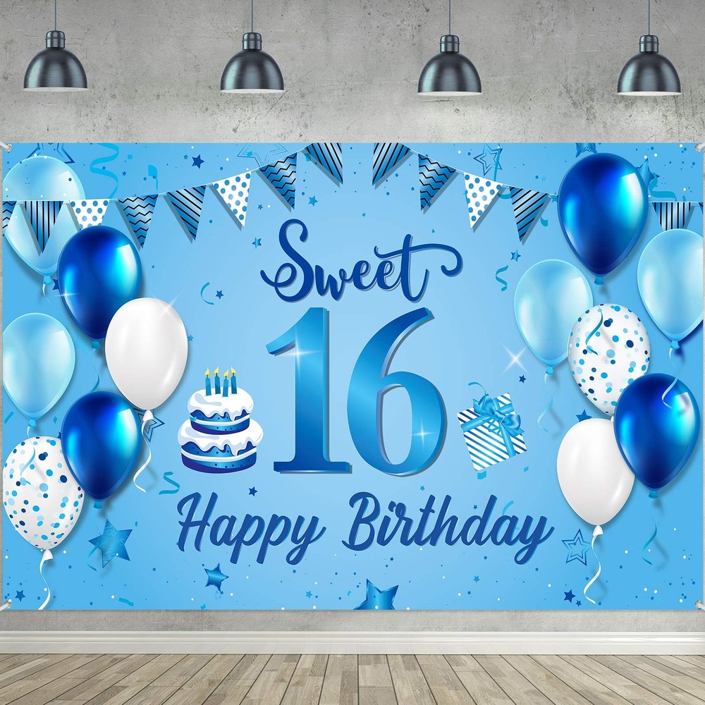 Blulu Happy 16th Birthday Decorations for Boys Girls Extra 185 x 110 cm, blue