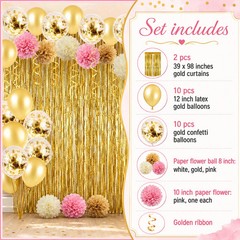Foil Fringe Backdrop Curtain Kit Pink and Gold Latex Balloons Paper Pom Poms