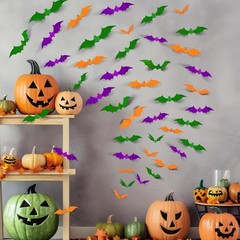 72PCS Halloween Bats Decoration, 4 Sizes PVC Green Orange Purple 3D Stickers