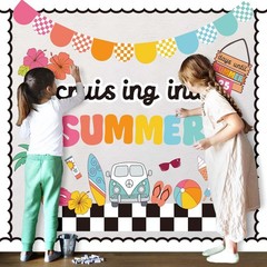 78Pcs Retro Summer Beach Bulletin Board Decor Set Groovy Hawaii Beach Paper C…
