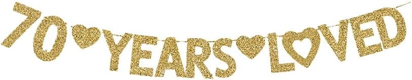 70 Years Loved Banner, Happy 70th Birthday Party Decorations Gold Gliter