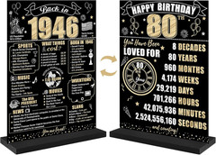 Black Gold 80Th Birthday Decorations Back in 1946 Table Sign for Women Men, Two-