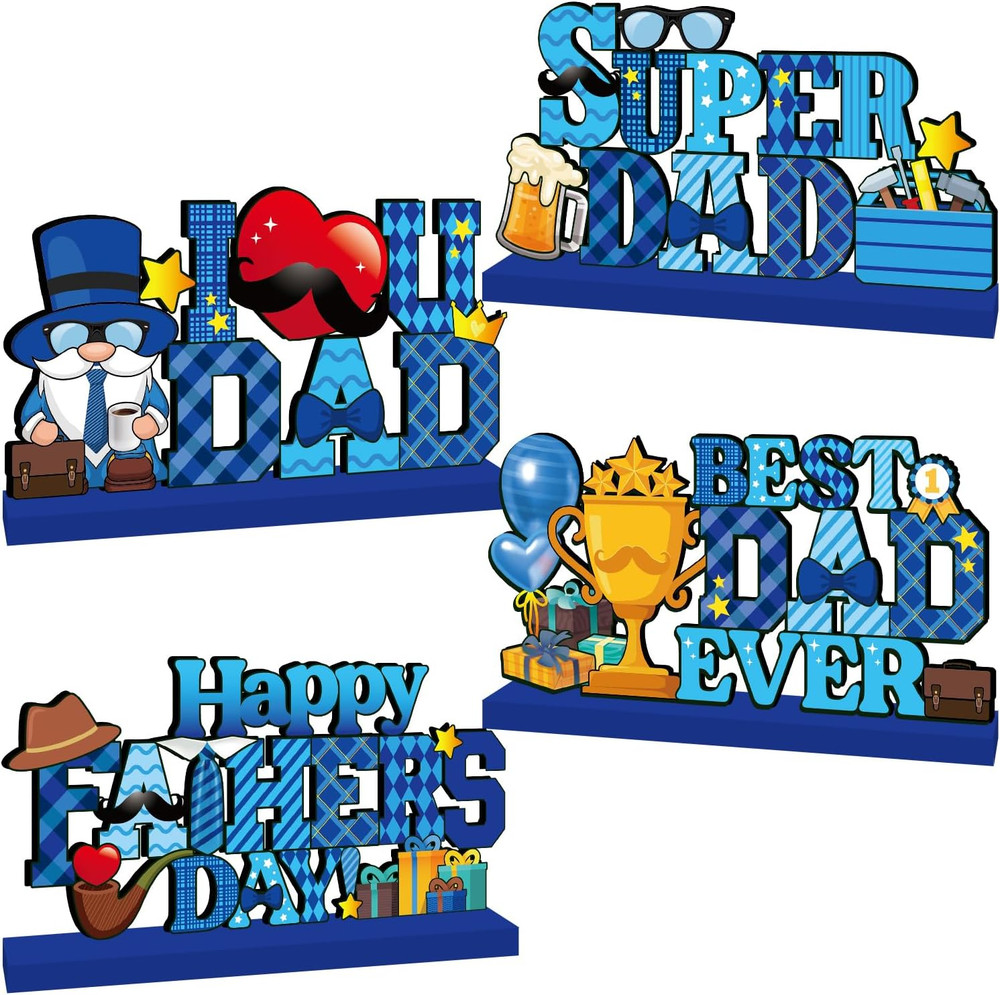 4Pcs Fathers Day Decorations Wood Table Decor Blue Happy Fathers Day Decorations