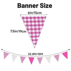 Pink and White Gingham Fabric Bunting Banner, 32Ft Cotton Burlap Triangle Gar…