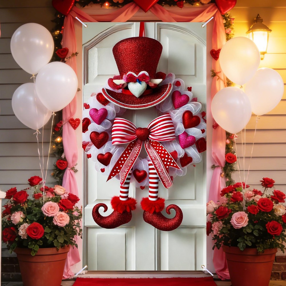 Valentine’s Day Gnome Heart Wreath Door Banner Polyester 35.4×70.9in Whimsic