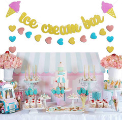Gold Glittery Ice Cream Bar Sign Banner and Pink, Blue, Gold Heart Paper Garland