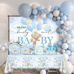 270 Pcs Baby Shower Decorations – Blue Bear Theme, Plates, Napkins, Cups, Balloo