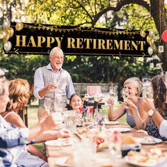 Large Happy Retirement Banner, Black and Gold Retirement Banner Sign, Party D…