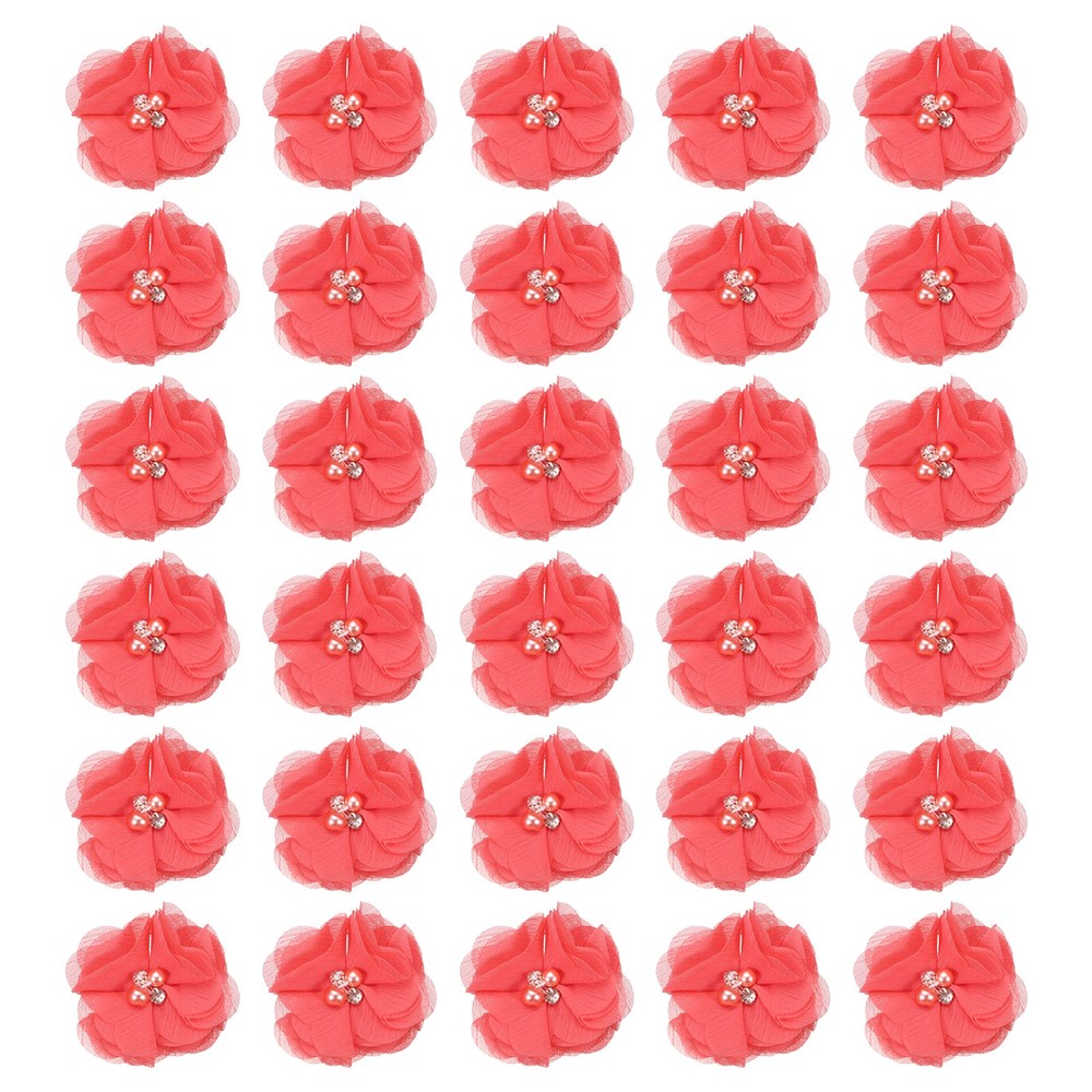 30Pcs 2″Chiffon Flower with Rhinestone Pearl Sewing Fabric Flower,Watermelon Red