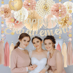 Engagement Party Decorations, Champagne-Gold Glitter Happy Engagement Banner