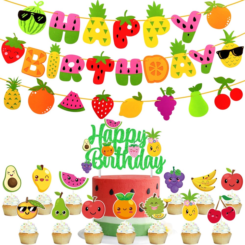 21pcs Fruit Party Decoration Set Fruit Theme Happy Banner Garland Cake Cupcak…