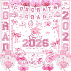 Pink Bow Graduation Decorations 2026 Set, All-In-1 Coquette Kit with Congrats Gr