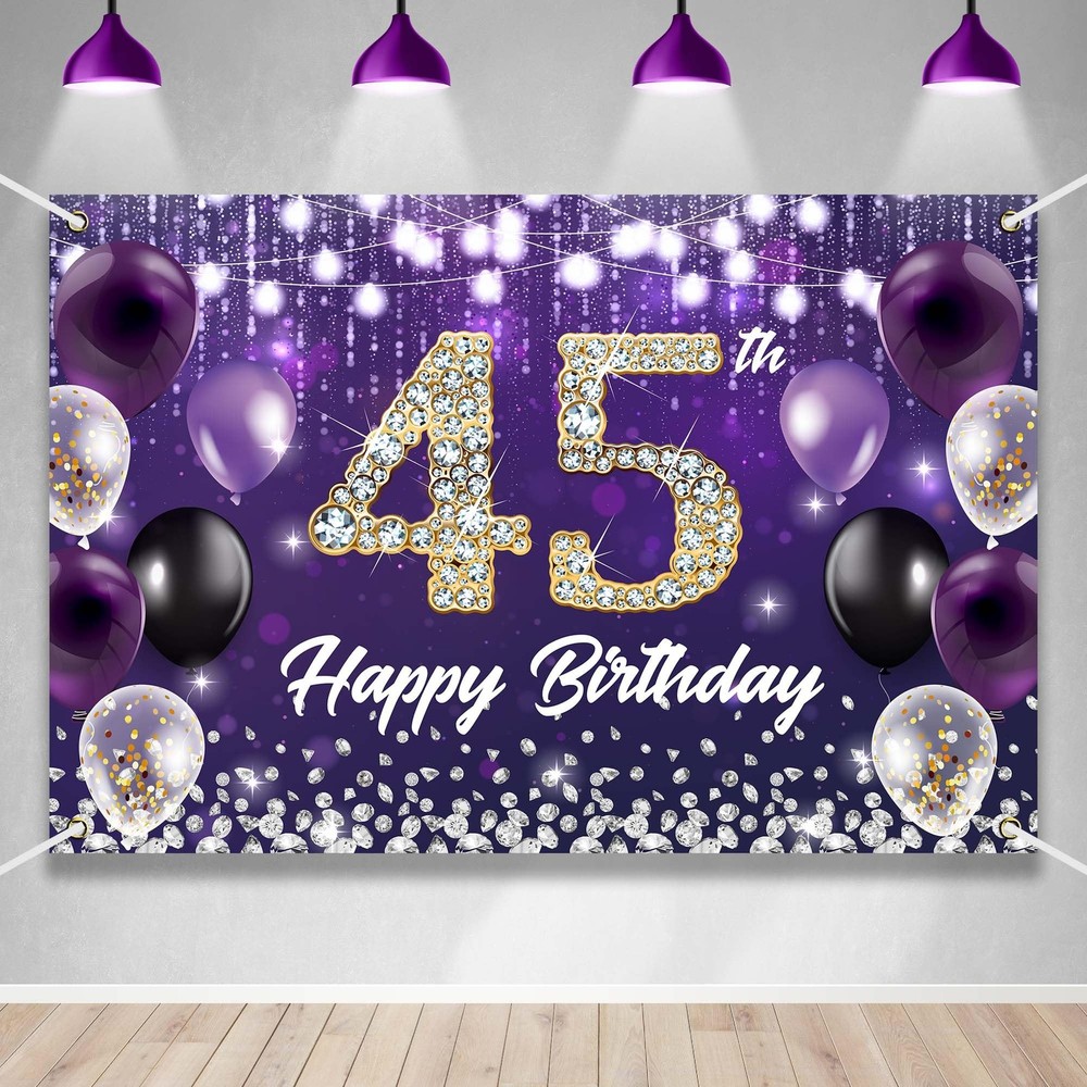 Happy 45th Birthday Backdrop Banner Purple Theme Background with Shiny 45