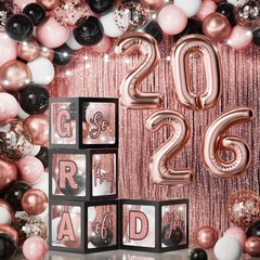 2026 Graduation Party Decorations – 86PCS Black & Pink Balloon Arch Kit, LED Lig