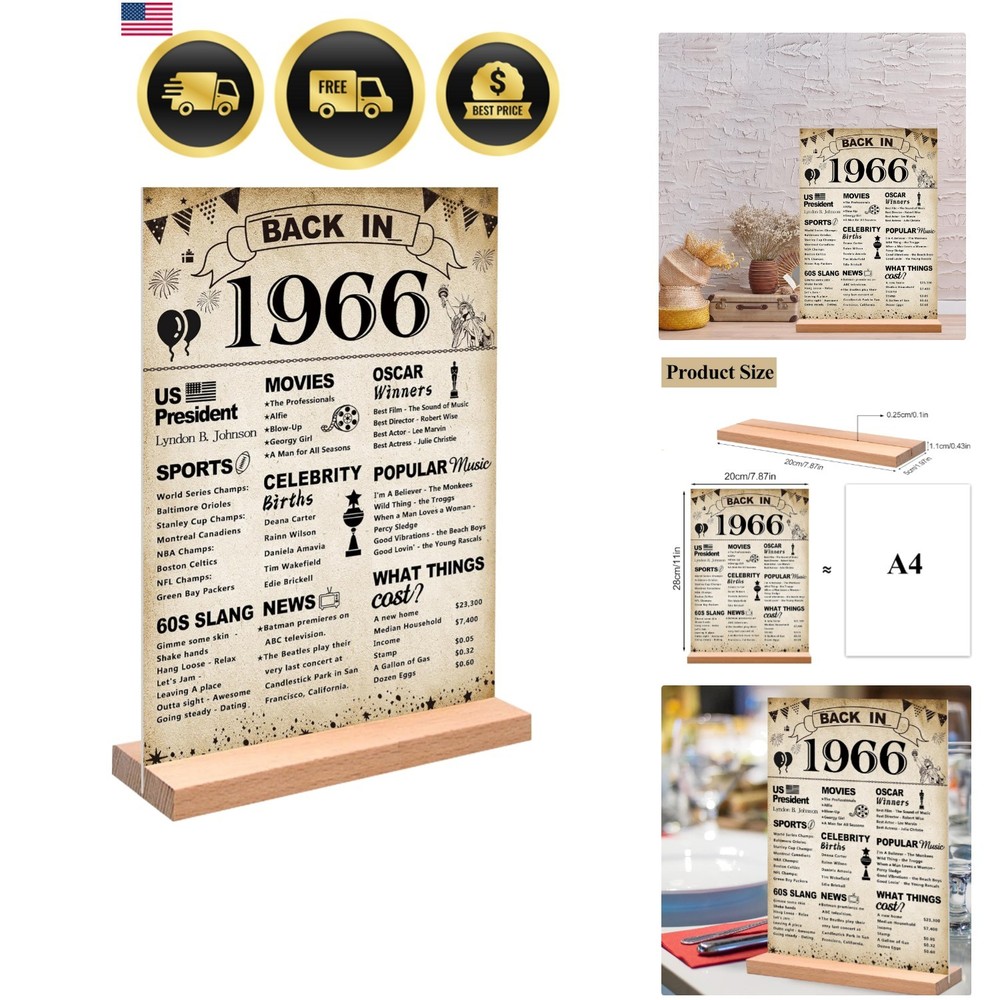 60th Birthday Party Decorations, Vintage Back in 1966 Poster Acrylic Sign wit…