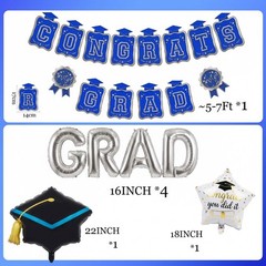 Royal Blue Silver 2026 Graduation Party Decor – Balloons, Banner, Swirls & Cente