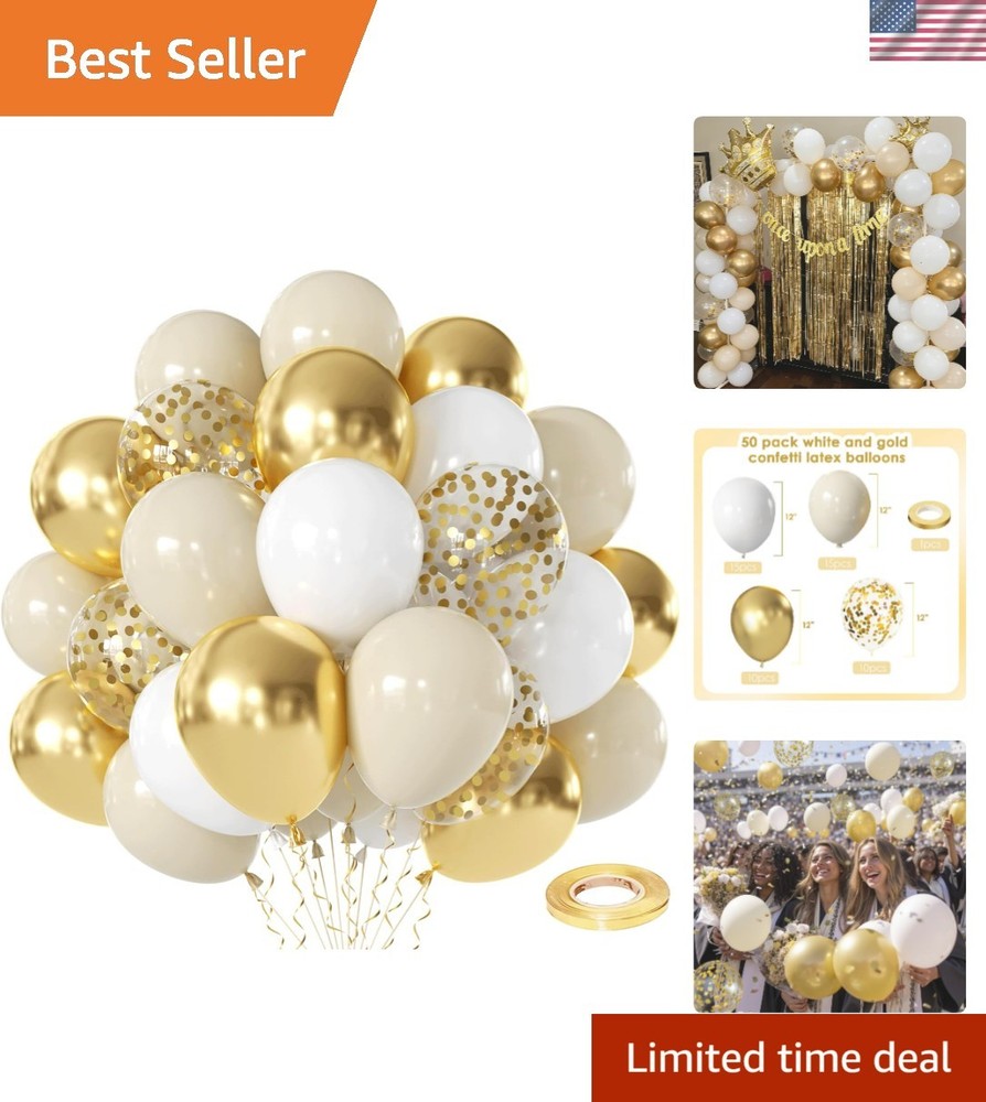 White and Gold Confetti Balloons – 50pcs 12 Inch Metallic Champagne Gold Matt…