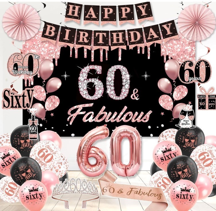 60Th Birthday Decorations for Women, 60Th Birthday Party Supplies Set Black Rose