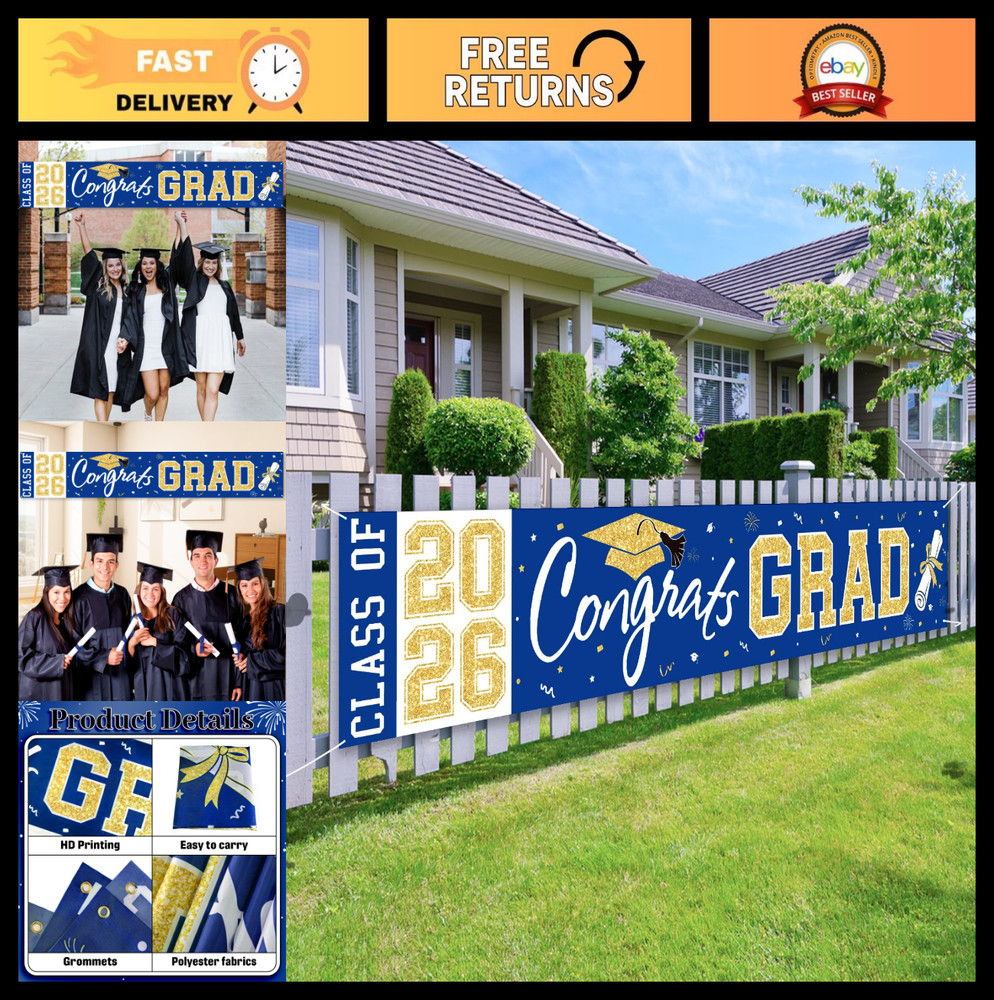 Large Graduation Banner Class of 2026 – Blue Gold Congrats Grad Yard Sign Decor