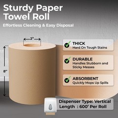 Restaurantware Paper Towel Roll 600′ x 8″ 1 Ply Universal Dispenser 2″ Core H…