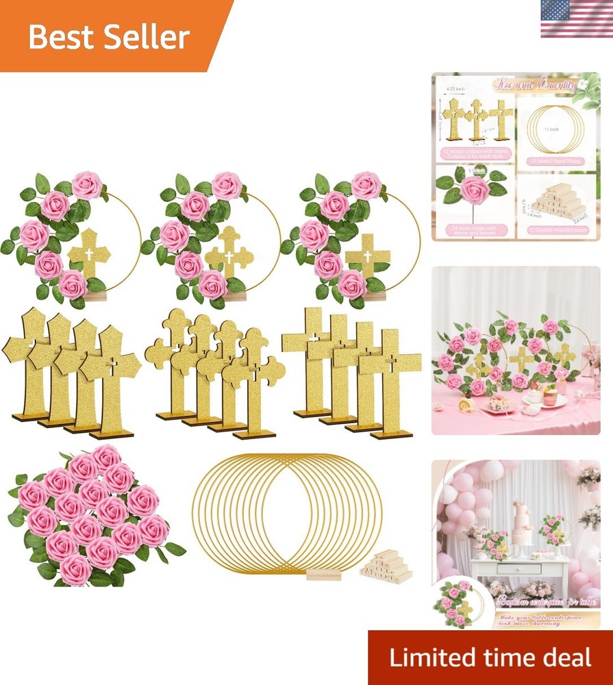 Classic Baptism Decoration Kit: 12 Wooden Crosses, Floral Hoops & 24 Roses