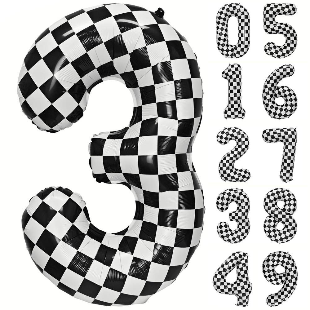 40 Inch Checkered Number 3 Balloon Black and White Checkered Large Foil Numbe…