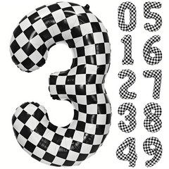 40 Inch Checkered Number 3 Balloon Black and White Checkered Large Foil Numbe…