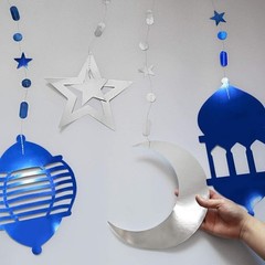 Cheerland Islamic Decorations Star Moon Lantern Garland Blue Silver