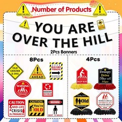 Over The Hill Birthday Decorations Set – 14 Pcs Banners & Swirls for 50th Party
