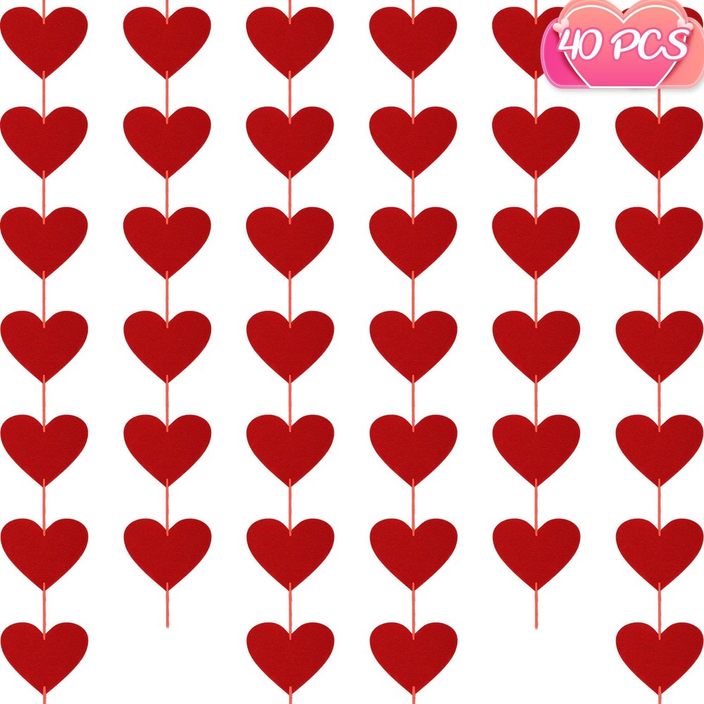 40PCS Valentines Day Decor Red Heart Banner with Felt Hearts Hanging Home Decor