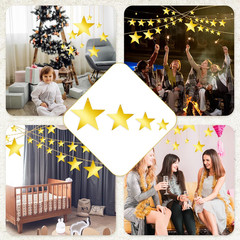24Pcs Gold Hanging Stars Decorations, Glitter Star Cutouts with 55 Yard Gold Nyl