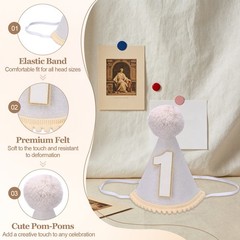 One Mini Birthday Party Hat 1 Pcs, 15cm/ 6″ Tall 1 Year Cone Hat, Beige